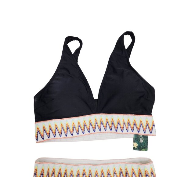 Black High-Waisted Bikini Set With Adjustable Straps & Chevron Accents Size M - Picture 3 of 7